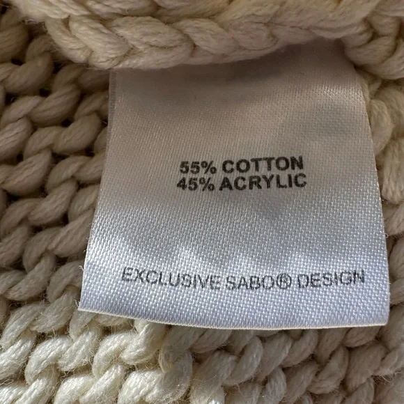 Sabo Cream Chunky Knit Pom Pom Sweater Poncho Oversized Small Boho Cozy - Picture 7 of 10